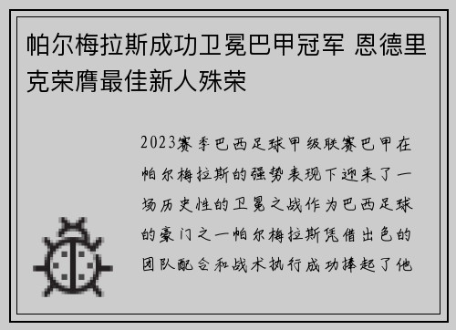 帕尔梅拉斯成功卫冕巴甲冠军 恩德里克荣膺最佳新人殊荣
